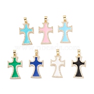 Rack Plating Brass Micro Pave Cubic Zirconia Pendants, with Enamel, Cadmium Free & Lead Free, Real 18K Gold Plated, Cross, Mixed Color, 28.5x17x1.5mm, Clasp: 6mm(ZIRC-M119-01G)