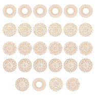 32PCS 4 Styles Brass Filigree Joiners Links, Etched Metal Embellishments, Flat Round, Light Gold, 30x0.3mm, Hole: 1.2~1.6mm, 8pcs/style(KKC-CA0001-06)