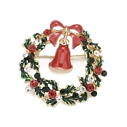 Colorful Christmas Wreath with Bell Enamel Pin with Rhinestone, Alloy Badge for Backpack Clothes, Golden, 36x37x11mm(JEWB-A004-07G)