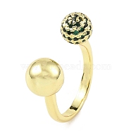 Cubic Zirconia Round with Flower Open Cuff Ring, Rack Plating Real 18K Gold Plated Brass Ring, Long-Lasting Plated, Dark Green, Inner Diameter: 18mm(RJEW-H218-01G-03)