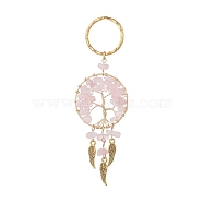 Woven Net/Web with Wing Pendant Keychain, with Natural Rose Quartz Chips and Iron Key Rings, Flat Round with Tree of Life, 10.9~11cm(KEYC-JKC00481-01)