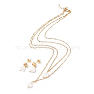 Synthetic Shell Heart Pendant Double Layer Neckalces and Dangle Stud Earrings, Gold Plated 304 Stainless Steel Jewelry Sets for Women, White, 16.26~16.38 inch(41.3~41.6cm), 21.5~22mm, Pin: 0.8mm(SJEW-F217-03B-G)