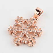Snowflake Brass Micro Pave Cubic Zirconia Pendants, Rose Gold, 19x15x2mm, Hole: 4.5x2mm(X-ZIRC-P002-52RG)