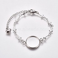 304 Stainless Steel Bracelet Making, with Lobster Claw Clasps, Cross Link Chains and Flat Round Cabochon Settings, Stainless Steel Color, Tray: 16mm, 6-3/8 inch(16.2cm)(STAS-L248-002P)