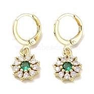 Real 18K Gold Plated Brass Dangle Leverback Earrings, with Cubic Zirconia and Glass, Flower, Green, 26x10.5mm(EJEW-L269-040G-02)