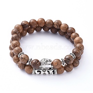 Stretch Bracelets Sets, with Natural Wood Beads and Tibetan Style Alloy Beads, Buddha Head & Tube, Coconut Brown, 8.5mm, Inner Diameter: 52mm, 2pcs/set(BJEW-JB05229-03)
