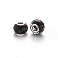 Handmade Lampwork European Beads, Large Hole Rondelle Beads, with Platinum Tone Brass Double Cores, Black, 14~15x9~10mm, Hole: 5mm(LPDL-N001-048-F11)