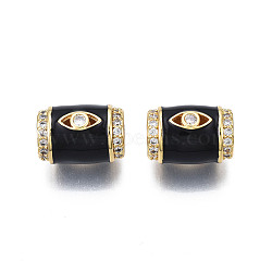 Brass Micro Pave Clear Cubic Zirconia European Beads, with Enamel, Large Hole Beads, Nickel Free, Real 18K Gold Plated, Column with Eye, Black, 16x11.5mm, Hole: 6.5mm(ZIRC-N039-220D)