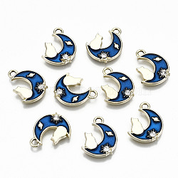 Alloy Enamel Pendants, with Rhinestone with Glitter Powder, Cadmium Free & Lead Free, Moon with Cat, Light Gold, Blue, 15x11.5x2.5mm, Hole: 1.6mm(X-ENAM-S126-006-RS)
