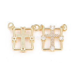 Brass Micro Pave Clear Cubic Zirconia Pendants, with Jump Rings, Long-Lasting Plated, Rectangle with Cross, Real 18K Gold Plated, 20.6x18.1x3mm, Jump Ring: 5.2x1mm, 3mm Inner Diameter(ZIRC-Q025-02G)