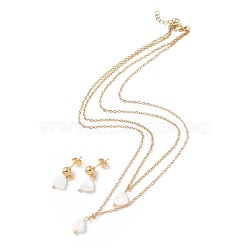 Synthetic Shell Heart Pendant Double Layer Necklaces and Dangle Stud Earrings, Gold Plated 304 Stainless Steel Jewelry Sets for Women, White, 16.26~16.38 inch(41.3~41.6cm), 21.5~22mm, Pin: 0.8mm(SJEW-F217-03B-G)