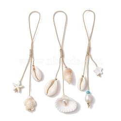 Natural Cultured Freshwater Pearl & Dyed Synthetic Turquoise & Clam Shell Mobile Straps, with Braided Nylon Thread, WhiteSmoke, 12~12.4cm, about 3Pcs/Set(HJEW-JM01902)