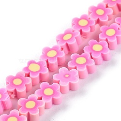 Handmade Flower Printed Polymer Clay Beads Strands, Flower, Pink, 9.6x4mm, Hole: 1.4mm, about 38pcs/Strand, 12.99 inch (33cm)(X-CLAY-M003-07E)