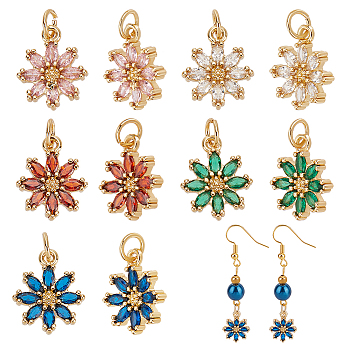 HOBBIESAY 10Pcs 5 Colors Rack Plating Brass Micro Pave Cubic Zirconia Charms, Long-Lasting Plated, Lead Free & Cadmium Free, Real 18K Gold Plated, Flower, Mixed Color, 14.5x12x3mm, Hole: 3mm, 2pcs/color