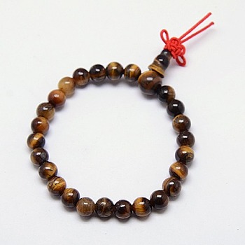 Buddhist Jewelry Mala Beads Bracelets Natural Tiger Eye Stretch Bracelets, Unisex Round Gemstone Beaded Bracelets, Dark Goldenrod, 50x6mm