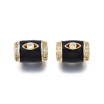 Brass Micro Pave Clear Cubic Zirconia European Beads, with Enamel, Large Hole Beads, Nickel Free, Real 18K Gold Plated, Column with Eye, Black, 16x11.5mm, Hole: 6.5mm