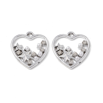 Alloy Crystal Rhinestone Pendants, with ABS Plastic Imitation Pearl Beads, Heart with Star Charm, Platinum, 21.5x18x3mm, Hole: 2mm