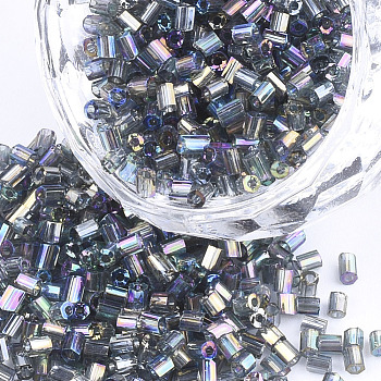Grade A Glass Seed Beads, Hexagon(Two Cut), Transparent Colours Rainbow, Slate Gray, 1.5~2.5x1.5~2mm, Hole: 0.8mm, about 2100pcs/bag, 450g/bag