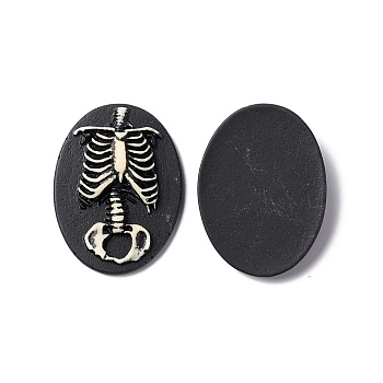 Halloween Cameos Opaque Resin Cabochons, Oval, Black, Skeleton Pattern, 38.5x28.5x6mm