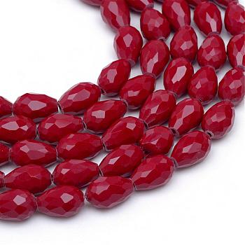 Opaque Solid Color Glass Faceted Teardrop Beads Strands, Dark Red, 11x7.5~8mm, Hole: 1.5mm, about 56~58pcs/strand, 25 inch