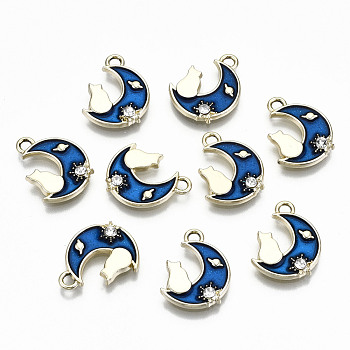 Alloy Enamel Pendants, with Rhinestone with Glitter Powder, Cadmium Free & Lead Free, Moon with Cat, Light Gold, Blue, 15x11.5x2.5mm, Hole: 1.6mm