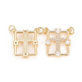 Brass Micro Pave Clear Cubic Zirconia Pendants, with Jump Rings, Long-Lasting Plated, Rectangle with Cross, Real 18K Gold Plated, 20.6x18.1x3mm, Jump Ring: 5.2x1mm, 3mm Inner Diameter
