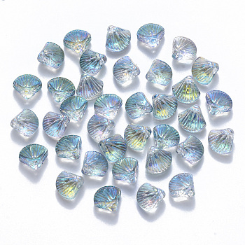 Transparent Spray Painted Glass Beads, Top Drilled Beads, AB Color Plated, Scallop Shape, Medium Turquoise, 10x10.5x6mm, Hole: 1mm
