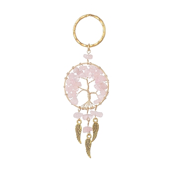 Woven Net/Web with Wing Pendant Keychain, with Natural Rose Quartz Chips and Iron Key Rings, Flat Round with Tree of Life, 10.9~11cm
