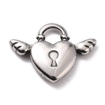 304 Stainless Steel Pendants Cabochons for Enamel, Heart with Wing, Stainless Steel Color, 15x20x3mm, Hole: 4mm