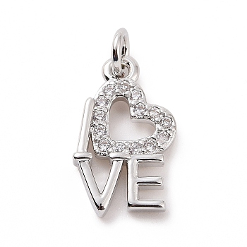 Brass Micro Pave Cubic Zirconia Pendants, with Jump Ring, Word Love Charm, Platinum, 15.5x9x2.5mm, Hole: 2.8mm