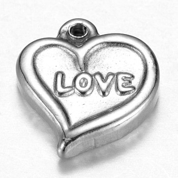 201 Stainless Steel Charms, Heart with Word Love, Valentine's Day, Stainless Steel Color, 13x11.5x3mm, Hole: 1mm