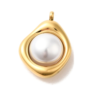 Ion Plating(IP) 304 Stainless Steel Pendants, with Plastic Imitation Pearl Beads, Oval, Golden, 20.5x15x8mm, Hole: 1.8mm