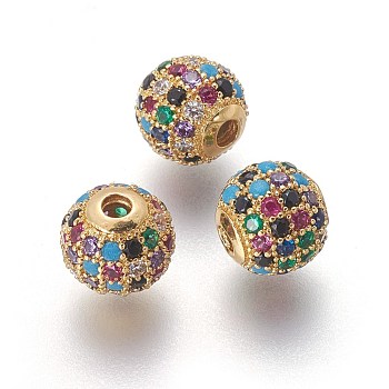 Brass Micro Pave Cubic Zirconia Beads, Round, Colorful, Golden, 8x7.5mm, Hole: 2mm