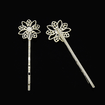 Brass Filigree Hair Bobby Pin Findings, Flower, Silver Color Plated, 62x19x6mm