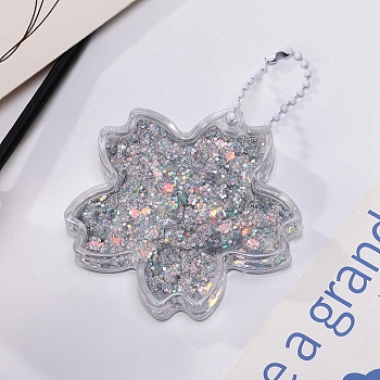 Sakura Acrylic Quicksand Keychain, Glitter Chasing Pendant Decorations Sticker Keychain, with Ball Chains, Silver, 6.5x6.5cm