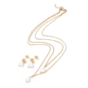 Synthetic Shell Heart Pendant Double Layer Necklaces and Dangle Stud Earrings, Gold Plated 304 Stainless Steel Jewelry Sets for Women, White, 16.26~16.38 inch(41.3~41.6cm), 21.5~22mm, Pin: 0.8mm
