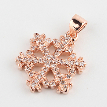 Snowflake Brass Micro Pave Cubic Zirconia Pendants, Rose Gold, 19x15x2mm, Hole: 4.5x2mm