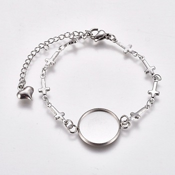 304 Stainless Steel Bracelet Making, with Lobster Claw Clasps, Cross Link Chains and Flat Round Cabochon Settings, Stainless Steel Color, Tray: 16mm, 6-3/8 inch(16.2cm)