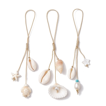 Natural Cultured Freshwater Pearl & Dyed Synthetic Turquoise & Clam Shell Mobile Straps, with Braided Nylon Thread, WhiteSmoke, 12~12.4cm, about 3Pcs/Set