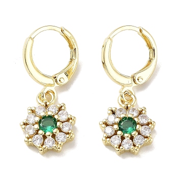 Real 18K Gold Plated Brass Dangle Leverback Earrings, with Cubic Zirconia and Glass, Flower, Green, 26x10.5mm