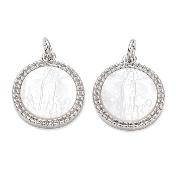 Rack Plating Brass Micro Pave Clear Cubic Zirconia Pendants, Flat Round with Virgin Mary Charms, with Natural White Shell & Jump Ring, Cadmium Free & Lead Free, Long-Lasting Plated, Platinum, 18x15x2.8mm, Hole: 3.5mm