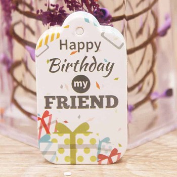 Paper Gift Tags, Hange Tags, For Arts and Crafts, Birthday Theme, Rectangle with Word Happy Birthday My Friend, White, 50x30x0.4mm, Hole: 3mm