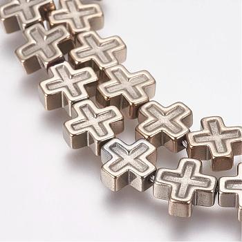 Grade AA Non-Magnetic Synthetic Hematite Bead Strands, Cross, Light Gold Plated, 8x8x3mm, Hole: 1mm, about 49pcs/strand, 15.7 inch(40cm)