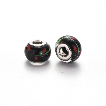 Handmade Lampwork European Beads, Large Hole Rondelle Beads, with Platinum Tone Brass Double Cores, Black, 14~15x9~10mm, Hole: 5mm