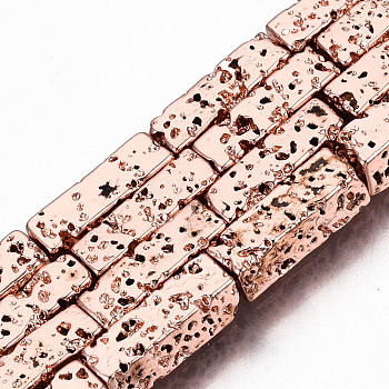 Electroplated Natural Lava Rock Beads Strands, Cuboid, Bumpy, Rose Gold Plated, 12.5x4x4mm, Hole: 1mm, about 32pcs/strand, 15.75 inch(40cm)