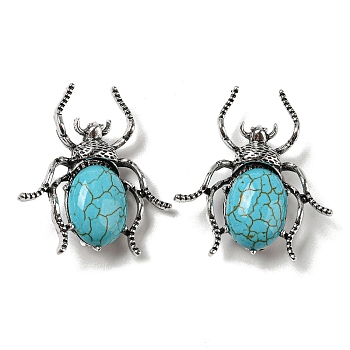 Dual-use Items Alloy Spider Brooch, with Synthetic Turquoise, Antique Silver, 42x38x12~13mm, Hole: 4.5x4mm