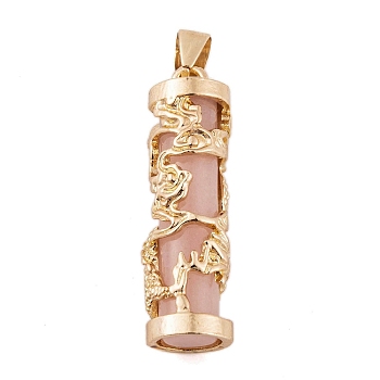 Synthetic Luminous Stone Column Pendants, Glow in the Dark, Golden Plated Alloy Gragon Wrapped Charms, Pink, 35.5x10.5mm, Hole: 6x4.5mm