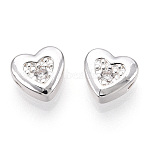 Brass Micro Pave Cubic Zirconia Beads, Cadmium Free & Nickel Free & Lead Free, Heart, 925 Sterling Silver Plated, 7x8x3.5mm, Hole: 0.9mm(FIND-Z035-18S)