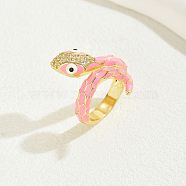 Vintage Brass Cubic Zirconia Snake Rings for Women, Enamel Cuff Rings, Pink, Inner Diameter: 16~18mm(YG1167-3)