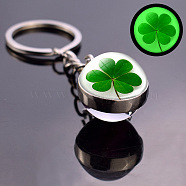 Luminous Alloy Glass Keychain, with Key Ring, Round with Clover, White, 8x2cm(CLOV-PW0001-077A)